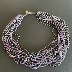 Vintage Seed Bead Necklace Choker - Multi Strand Purple & Black Glass Beads